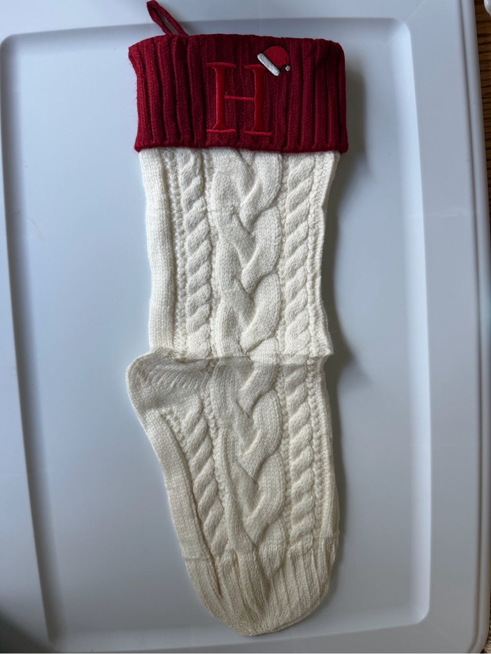 Cable Knit Christmas Stocking Sock - Red Cuff, Cream Body. Letter “H”.